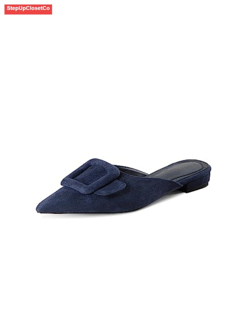 Kitten Heel Mules for Women Pointed Toe Square Buckle Backless Slip On Suede